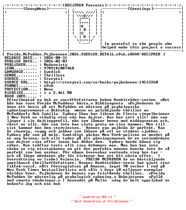 NFO for the release Freida.McFadden.Pojkvannen.2026.SWEDiSH.RETAiL.ePub.eBOOK-DECiPHER by DECiPHER