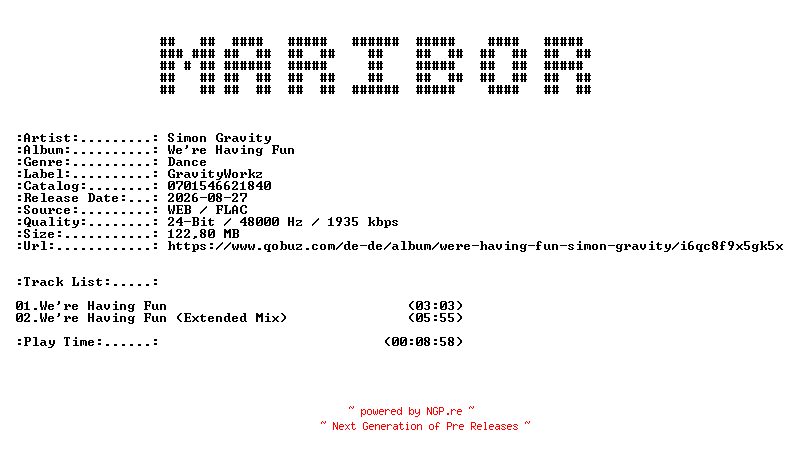 NFO for the release Simon_Gravity-Were_Having_Fun-24BIT-WEB-FLAC-2026-MARiBOR by MARiBOR