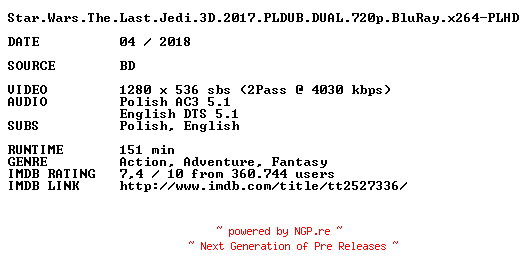 NFO for the release Star.Wars.The.Last.Jedi.3D.2017.PLDUB.DUAL.720p.BluRay.x264-PLHD by PLHD