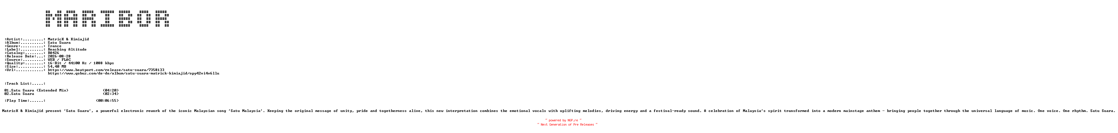 NFO for the release MatricK_and_Kimiajid-Satu_Suara-(RA426)-MY-16BIT-WEB-FLAC-2026-MARiBOR by MARiBOR