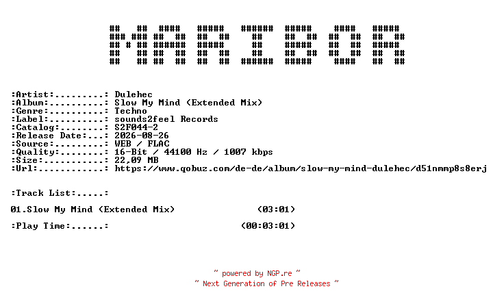 NFO for the release Dulehec-Slow_My_Mind_(Extended_Mix)-(S2F044-2)-SINGLE-16BIT-WEB-FLAC-2026-MARiBOR by MARiBOR