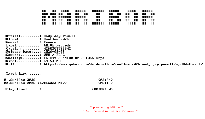NFO for the release Andy_Jay_Powell-Sunflow_2026-16BIT-WEB-FLAC-2026-MARiBOR by MARiBOR