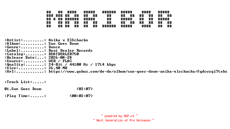 NFO for the release Anika_x_ElSchacko-Sun_Goes_Down-(BEATDEALER750)-SINGLE-24BIT-WEB-FLAC-2026-MARiBOR by MARiBOR