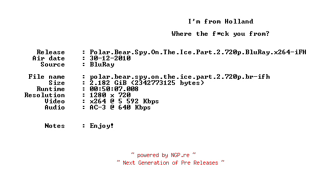 NFO for the release Polar.Bear.Spy.On.The.Ice.Part.2.720p.BluRay.x264-iFH by iFH