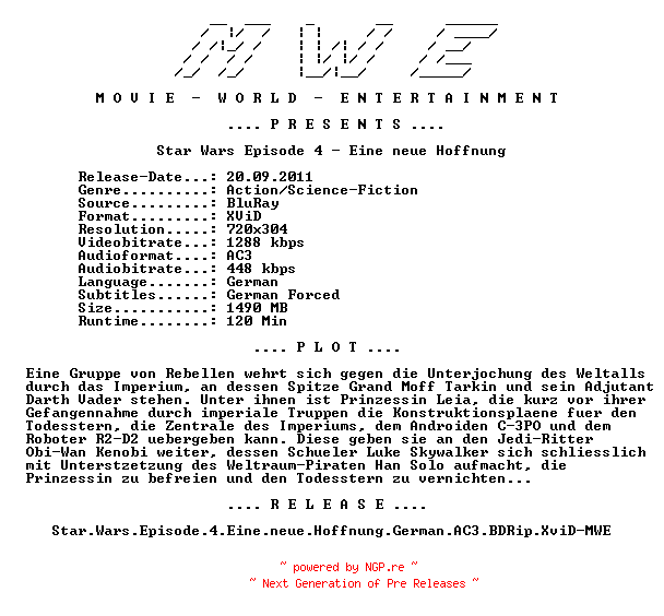 NFO for the release Star.Wars.Episode.4.Eine.neue.Hoffnung.German.AC3.BDRip.XviD-MWE by MWE