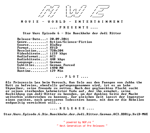 NFO for the release Star.Wars.Episode.6.Die.Rueckkehr.der.Jedi.Ritter.German.AC3.BDRip.XviD-MWE by MWE