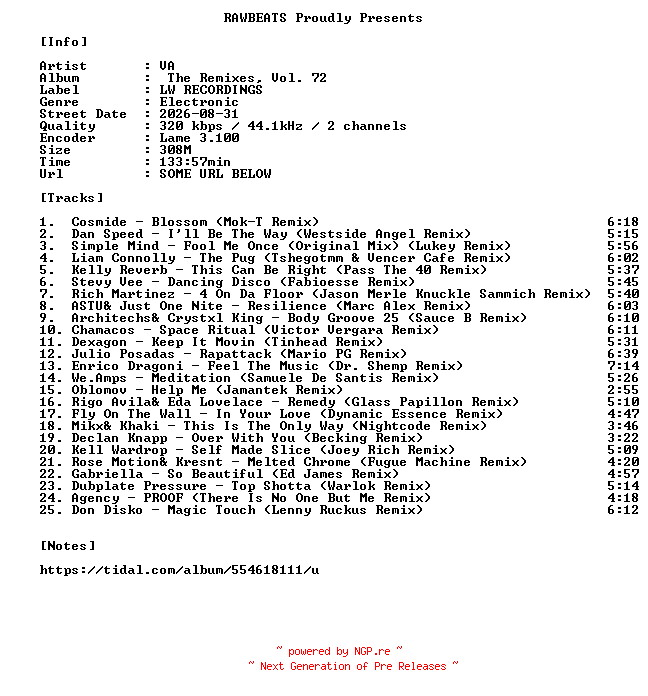 NFO for the release VA-The_Remixes_Vol._72-WEB-2026-RAWBEATS by RAWBEATS