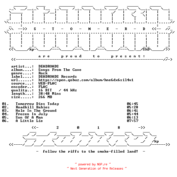 NFO for the release DEADROADS-Songs_From_The_Cave-16BIT-WEB-FLAC-2026-STONERD by STONERD