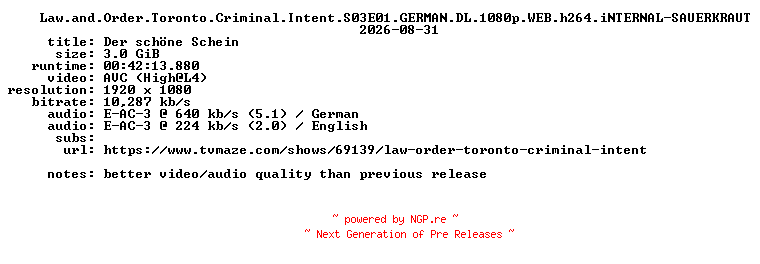 NFO for the release Law.and.Order.Toronto.Criminal.Intent.S03E01.GERMAN.DL.1080p.WEB.h264.iNTERNAL-SAUERKRAUT by SAUERKRAUT