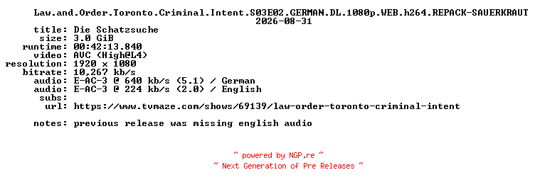 NFO for the release Law.and.Order.Toronto.Criminal.Intent.S03E02.GERMAN.DL.1080p.WEB.h264.REPACK-SAUERKRAUT by SAUERKRAUT