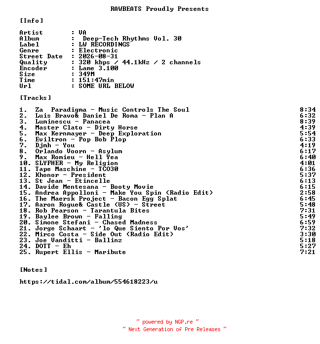 NFO for the release VA-Deep-Tech_Rhythms_Vol._30-WEB-2026-RAWBEATS by RAWBEATS