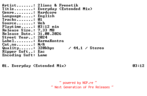 NFO for the release 2lions_and_Frenetik-Everyday_(Extended_Mix)-SINGLE-WEB-2024-XTC_iNT by XTC_iNT