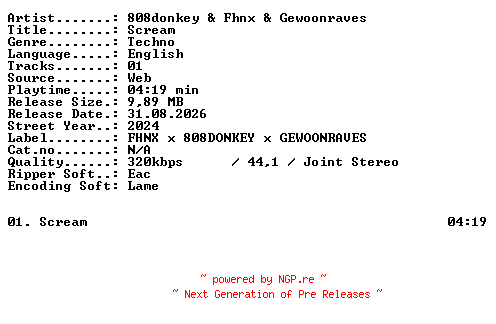 NFO for the release 808donkey_and_Fhnx_and_Gewoonraves-Scream-SINGLE-WEB-2024-XTC_iNT by XTC_iNT