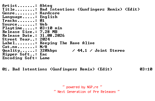 NFO for the release Abteq-Bad_Intentions_(Gunfingerz_Remix)_(Edit)-SINGLE-WEB-2024-XTC_iNT by XTC_iNT