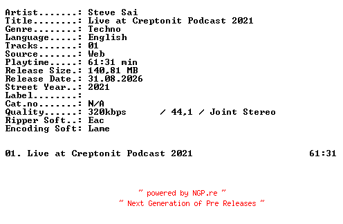 NFO for the release Steve_Sai-Live_at_Creptonit_Podcast_2021-WEB-2021-XTC_iNT by XTC_iNT