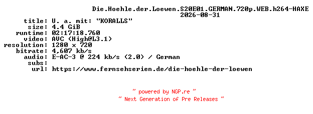 NFO for the release Die.Hoehle.der.Loewen.S20E01.GERMAN.720p.WEB.h264-HAXE by HAXE
