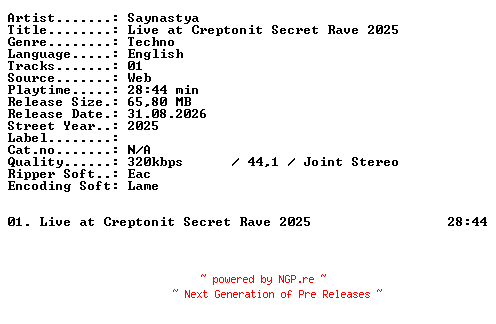 NFO for the release Saynastya-Live_at_Creptonit_Secret_Rave_2025-WEB-2025-XTC_iNT by XTC_iNT