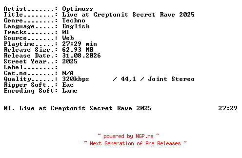 NFO for the release OPTIMUSS-Live_at_CREPTONIT_SECRET_RAVE_2025-WEB-2025-XTC_iNT by XTC_iNT