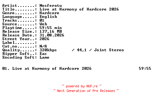 NFO for the release Nosferatu-Live_at_Harmony_of_Hardcore_2026-WEB-2026-XTC_iNT by XTC_iNT