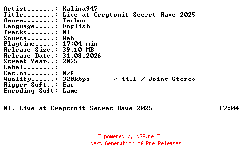 NFO for the release KALINA947-Live_at_CREPTONIT_SECRET_RAVE_2025-WEB-2025-XTC_iNT by XTC_iNT