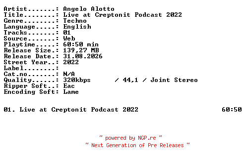 NFO for the release Angelo_Alotto-Live_at_Creptonit_Podcast_2022-WEB-2022-XTC_iNT by XTC_iNT