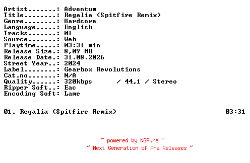 NFO for the release Adventum-Regalia_(Spitfire_Remix)-SINGLE-WEB-2024-XTC_iNT by XTC_iNT