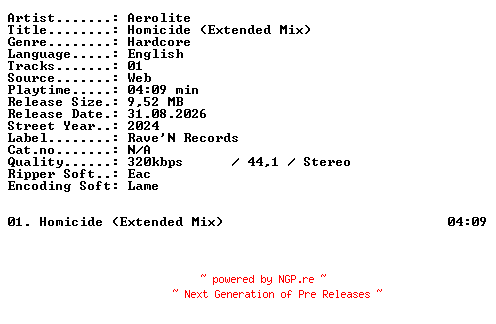 NFO for the release Aerolite-Homicide_(Extended_Mix)-SINGLE-WEB-2024-XTC_iNT by XTC_iNT