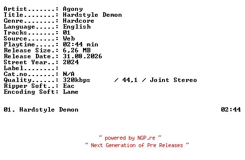 NFO for the release Agony-Hardstyle_Demon-SINGLE-WEB-2024-XTC_iNT by XTC_iNT