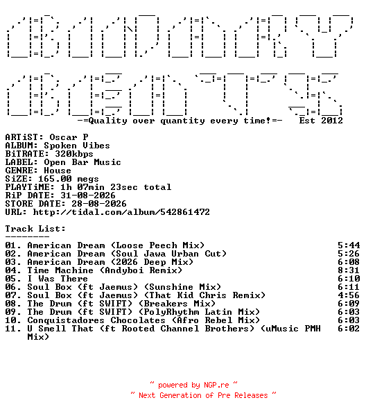 NFO for the release Oscar_P-Spoken_Vibes-(OBM1162)-WEB-2026-BB by BB