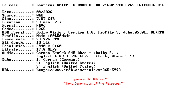 NFO for the release Lanterns.S01E03.GERMAN.DL.DV.2160P.WEB.H265.INTERNAL-RiLE by RiLE