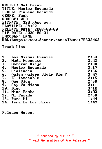 NFO for the release Mal_Pasar-Musica_Envasada-WEB-ES-2009-SDR by SDR