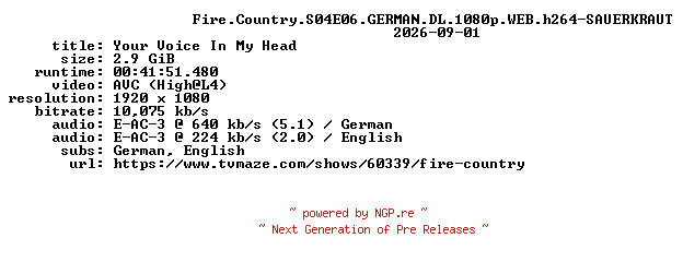 NFO for the release Fire.Country.S04E06.GERMAN.DL.1080p.WEB.h264-SAUERKRAUT by SAUERKRAUT