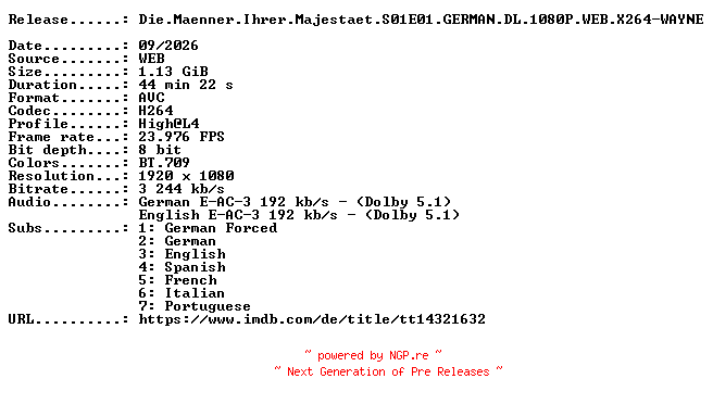 NFO for the release Die.Maenner.Ihrer.Majestaet.S01E01.GERMAN.DL.1080P.WEB.X264-WAYNE by WAYNE