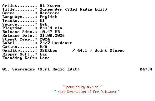 NFO for the release Al_Storm-Surrender_(S3rl_Radio_Edit)-SINGLE-WEB-2024-XTC_iNT by XTC_iNT