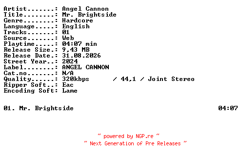 NFO for the release Angel_Cannon-Mr_Brightside-SINGLE-WEB-2024-XTC_iNT by XTC_iNT