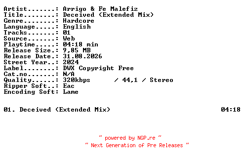 NFO for the release Arrigo_and_Fe_Malefiz-Deceived_(Extended_Mix)-SINGLE-WEB-2024-XTC_iNT by XTC_iNT