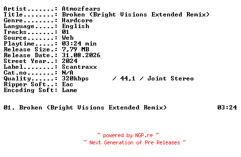 NFO for the release Atmozfears-Broken_(Bright_Visions_Extended_Remix)-SINGLE-WEB-2024-XTC_iNT by XTC_iNT