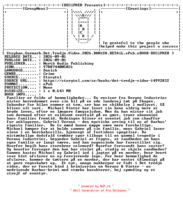 NFO for the release Stephan.Garmark.Det.Tredje.Vidne.2026.DANiSH.RETAiL.ePub.eBOOK-DECiPHER by DECiPHER