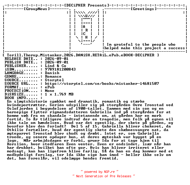 NFO for the release Torill.Thorup.Mistanker.2026.DANiSH.RETAiL.ePub.eBOOK-DECiPHER by DECiPHER