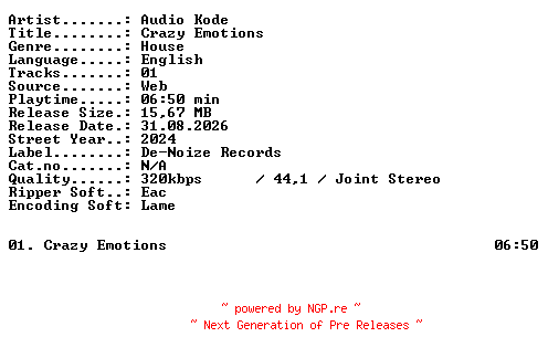 NFO for the release Audio_Kode-Crazy_Emotions-SINGLE-WEB-2024-XTC_iNT by XTC_iNT