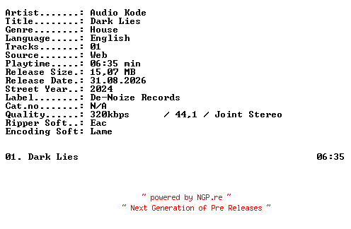 NFO for the release Audio_Kode-Dark_Lies-SINGLE-WEB-2024-XTC_iNT by XTC_iNT