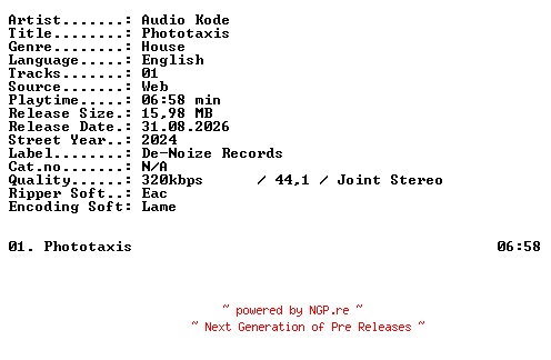 NFO for the release Audio_Kode-Phototaxis-SINGLE-WEB-2024-XTC_iNT by XTC_iNT