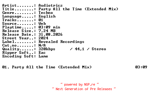 NFO for the release Audiotricz-Party_All_the_Time_(Extended_Mix)-SINGLE-WEB-2024-XTC_iNT by XTC_iNT