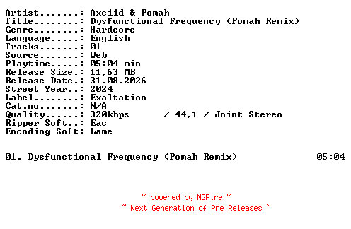 NFO for the release Axciid_and_Pomah-Dysfunctional_Frequency_(Pomah_Remix)-SINGLE-WEB-2024-XTC_iNT by XTC_iNT