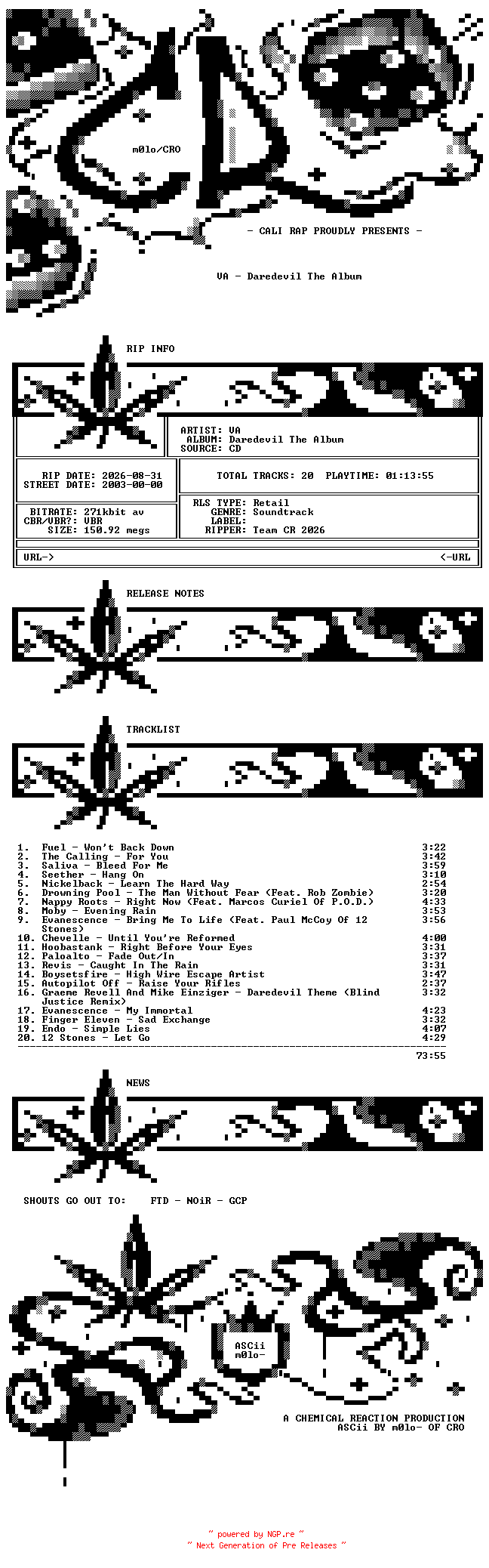 NFO for the release VA-Daredevil_The_Album-OST-2003-CR_INT by CR_INT
