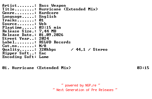 NFO for the release Bass_Weapon-Hurricane_(Extended_Mix)-SINGLE-WEB-2024-XTC_iNT by XTC_iNT