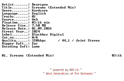 NFO for the release Bearspaw-Screams_(Extended_Mix)-SINGLE-WEB-2024-XTC_iNT by XTC_iNT