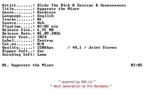NFO for the release Blckr_Thn_Blck_and_Zentryc_and_Gewoonraves-Apporate_the_Mixer-SINGLE-WEB-2024-XTC_iNT by XTC_iNT