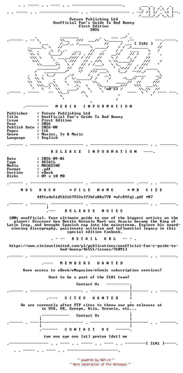 NFO for the release Unofficial.Fans.Guide.To.Bad.Bunny.First.Edition.2026.RETAIL.MAGAZINE.eBook-21A1 by 21A1