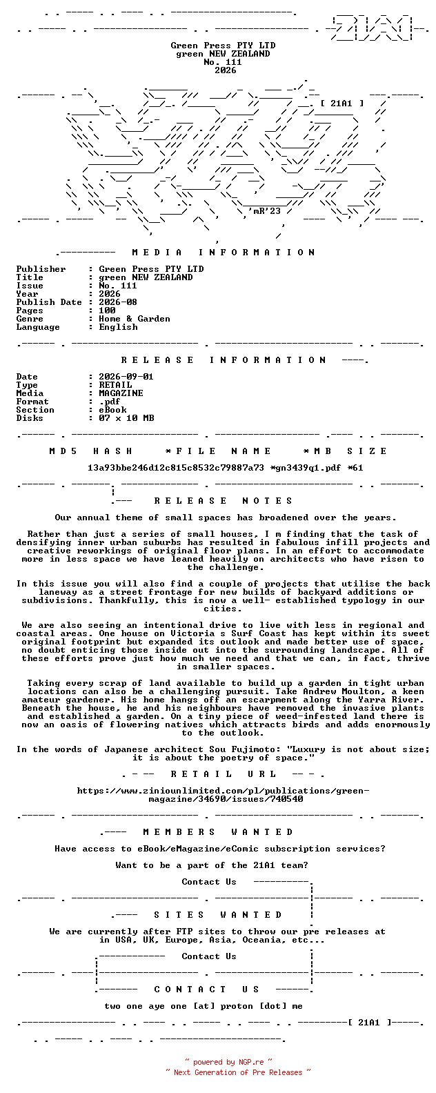 NFO for the release green.NEW.ZEALAND.No.111.2026.RETAIL.MAGAZINE.eBook-21A1 by 21A1